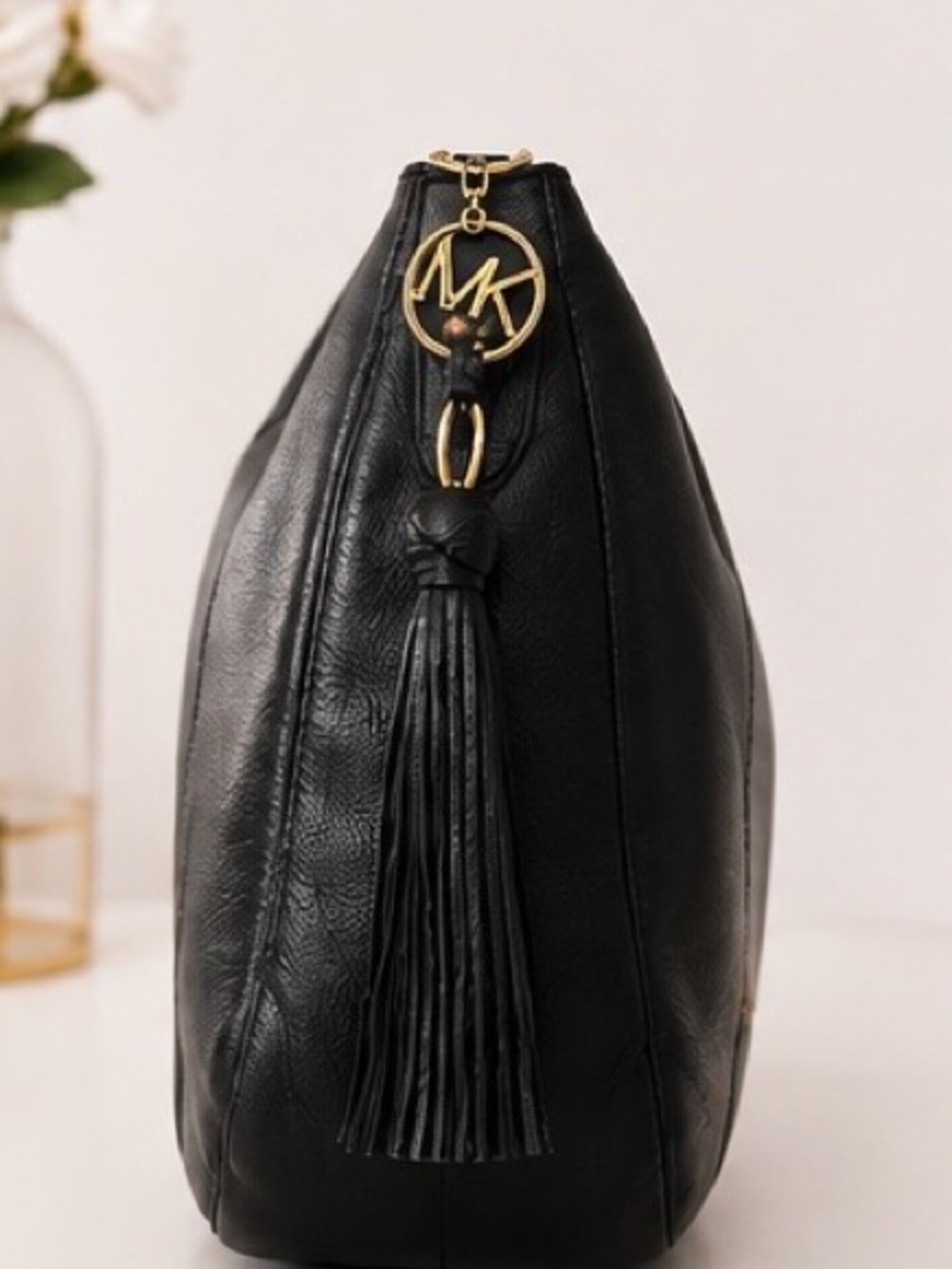 Michael Kors Black Leather Hobo Shoulder Bag Gold Tassel Large Purse - Picture 2 of 3